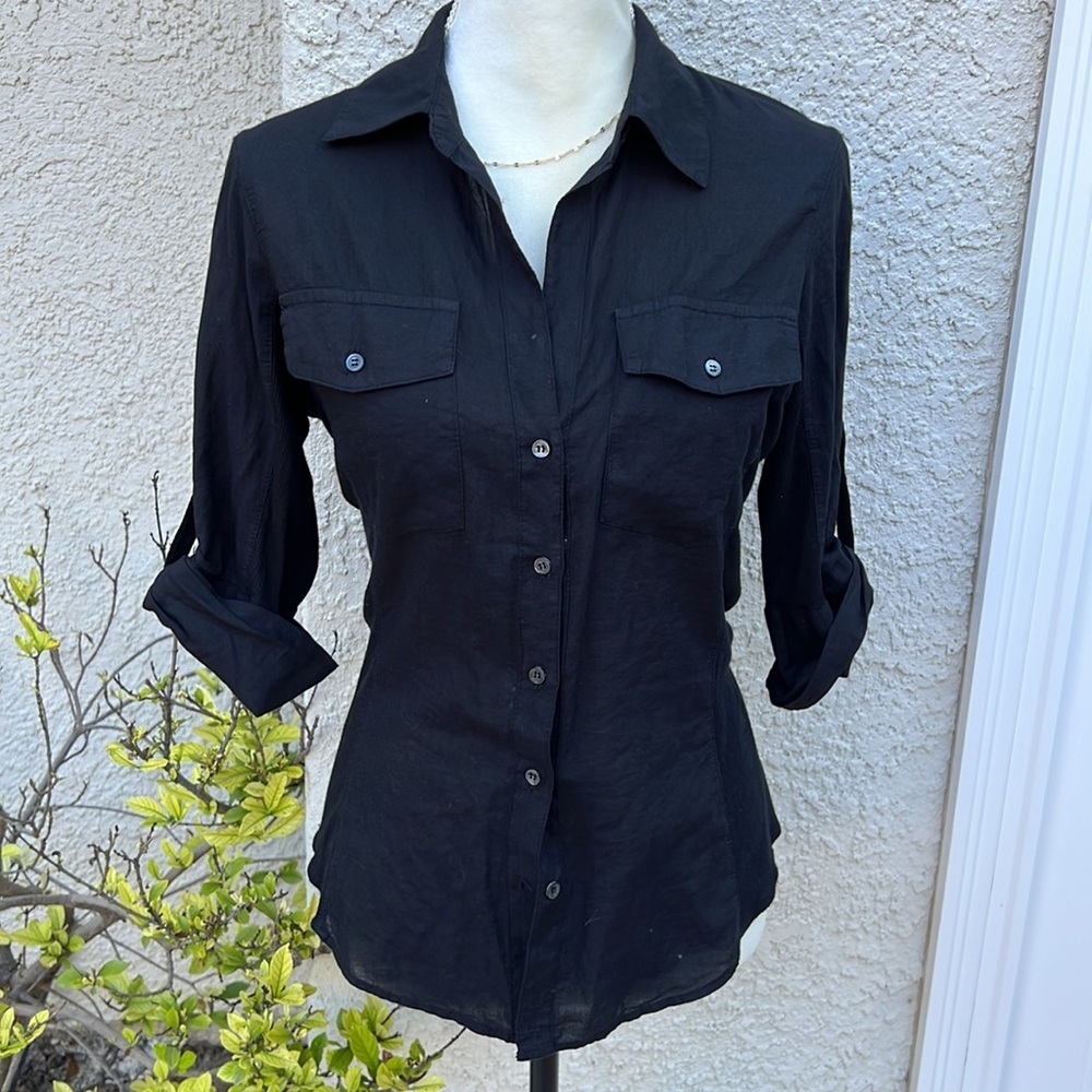 💚James Perse Ribbed Side Panel Black Button up Blouse Size 2/M